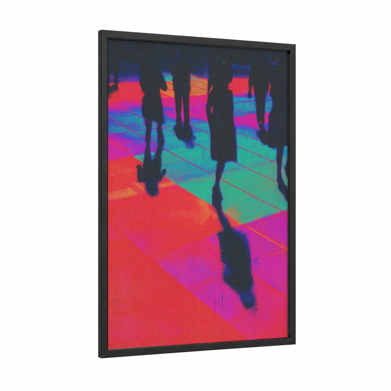 Neon Disco Crowd framed art print — black wood frame — magenta and turquoise palette