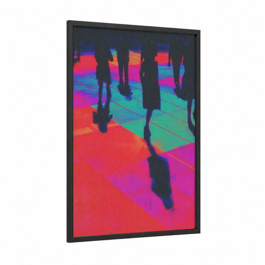 Neon Disco Crowd framed art print — black wood frame — magenta and turquoise palette