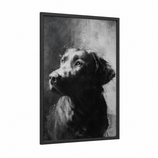 Hopeful Retriever framed art print — black wood frame — black and white palette