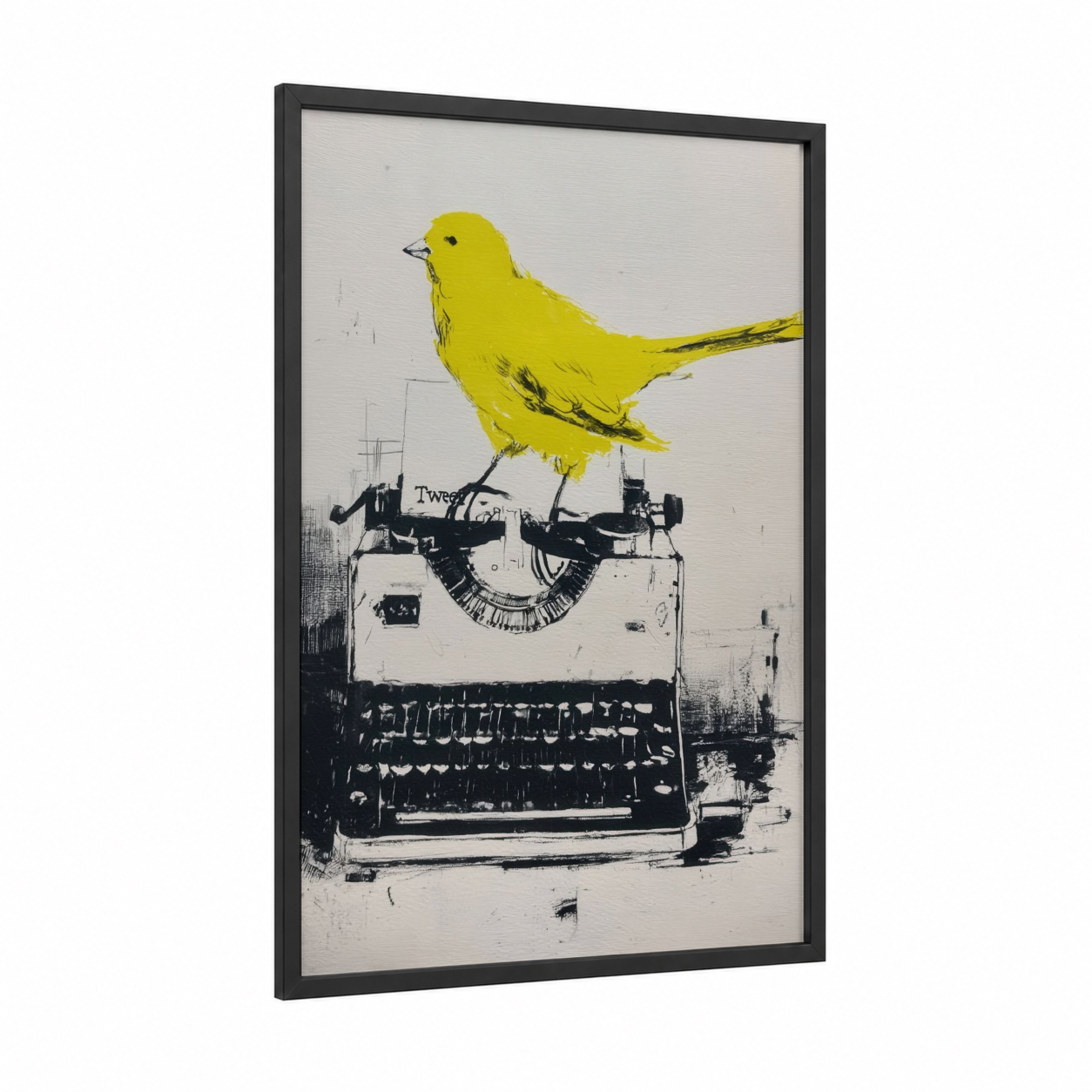 Typewriter Canary framed canaries print — black wood frame — yellow and black and white palette