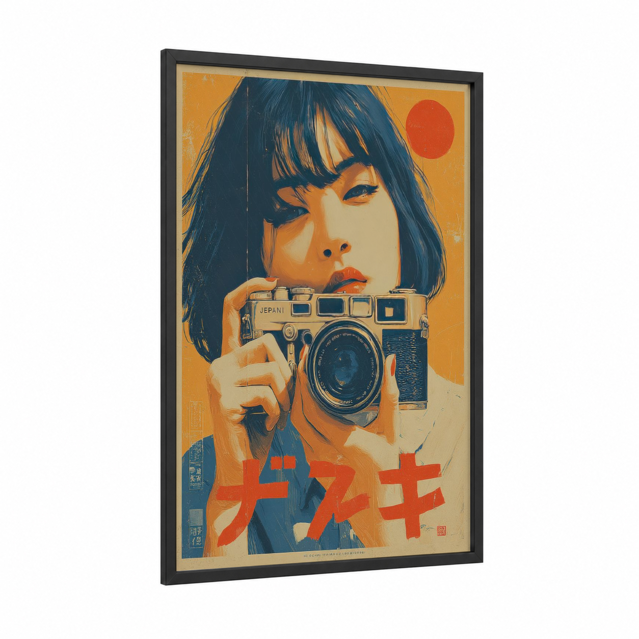 Camera Girl Retro framed vintage japanese ads print — black wood frame — gold and dark blue palette