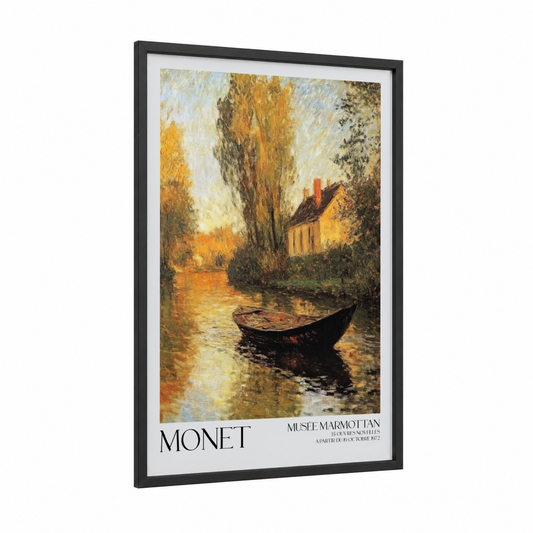 Golden Gondola Riverside framed art print — black wood frame — gold and cream palette