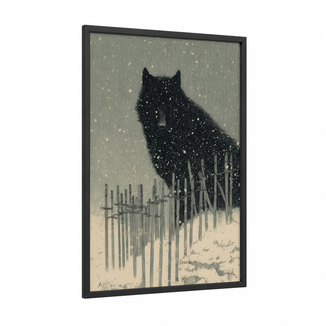 Snowy Cat Watch framed dark fantasy print — black wood frame — black and white and gray palette