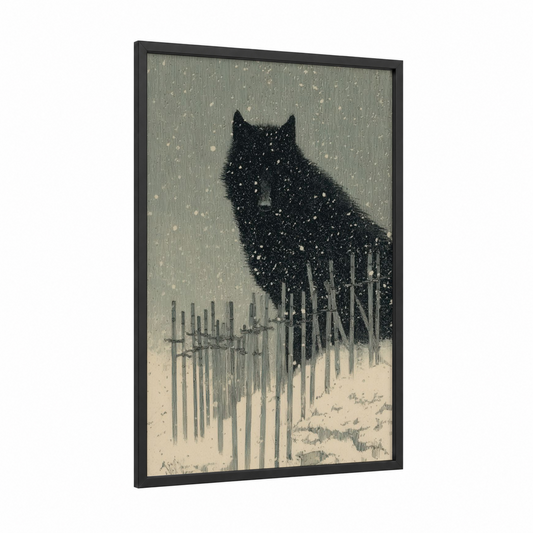 Snowy Cat Watch framed dark fantasy print — black wood frame — black and white and gray palette
