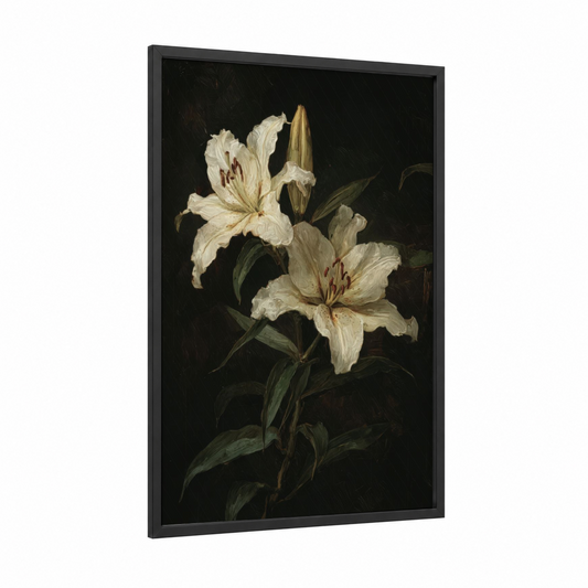 Ivory Lilies framed lily print — black wood frame — cream and black palette