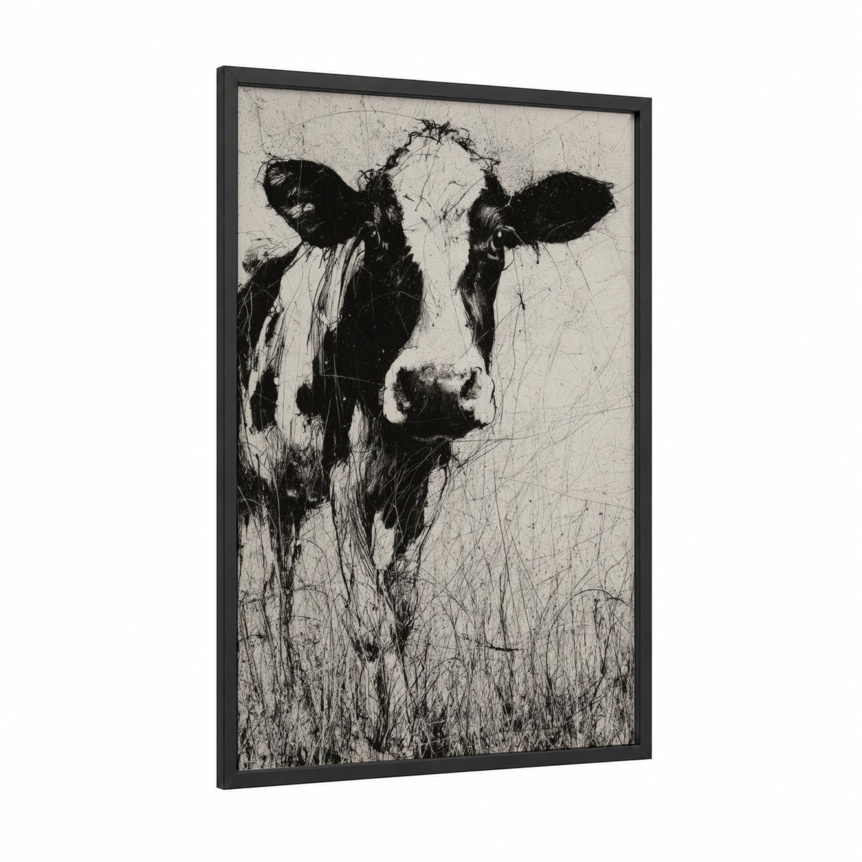 Pastoral Jersey Cow framed art print — black wood frame — black and white palette