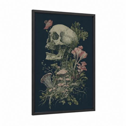 Botanical Zombie framed art print — black wood frame — dark green and pink palette