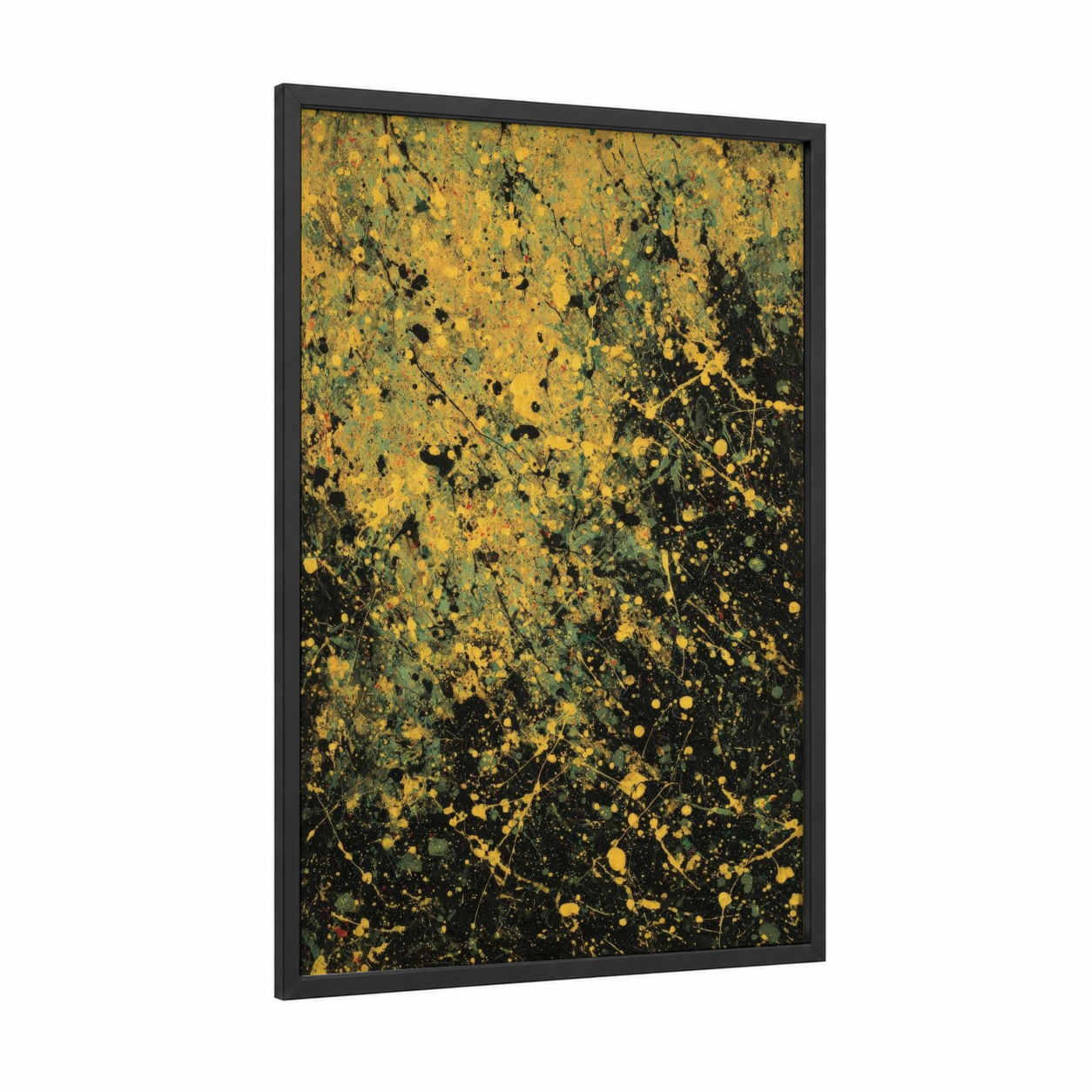 Golden Fireflies framed art print — black wood frame — yellow gold and black palette