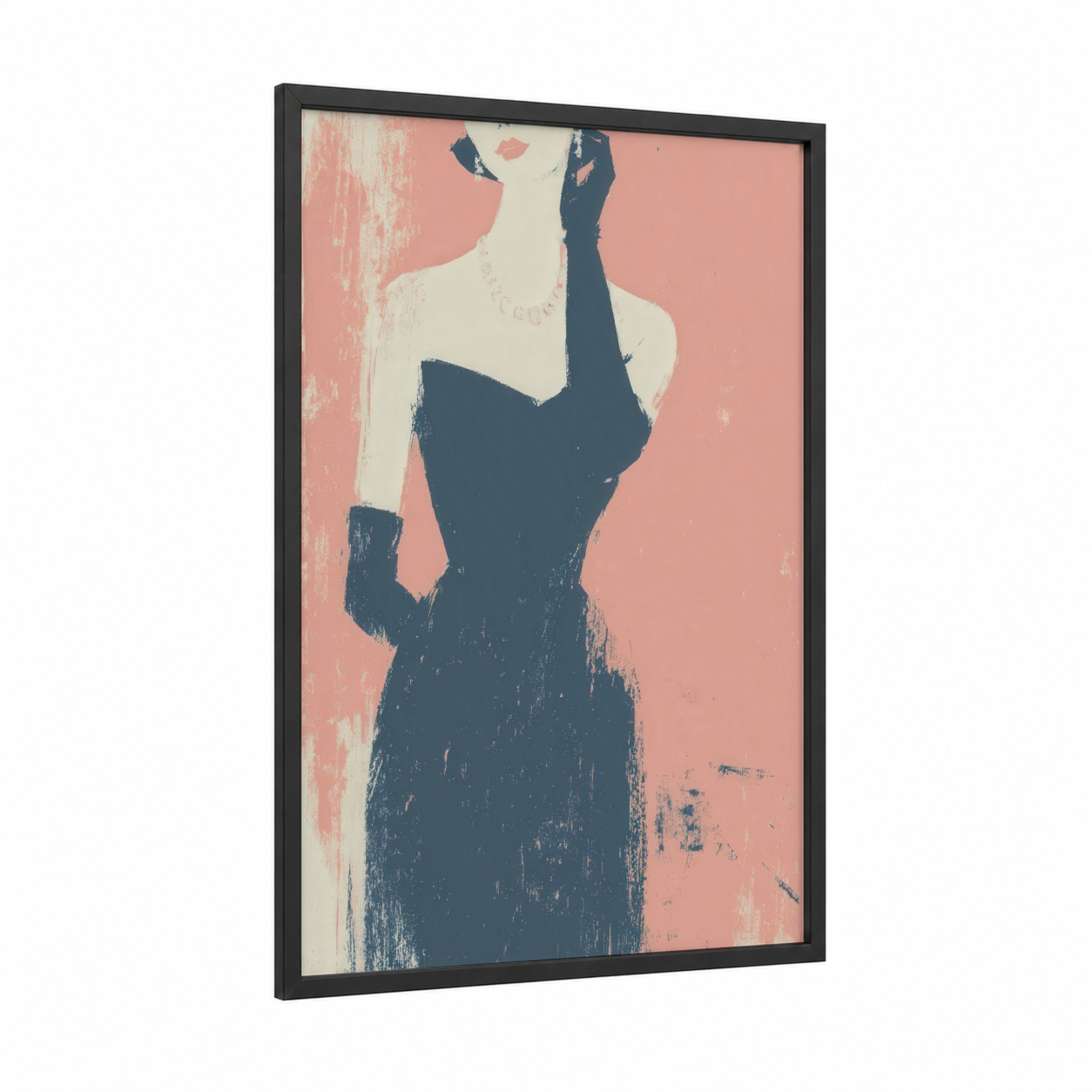 Elegant Silhouette framed fashion illustration print — black wood frame — peach and dark blue palette