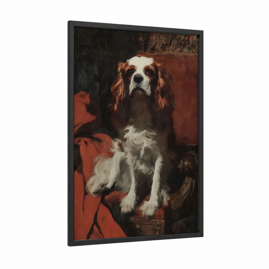 Regal Spaniel Portrait framed art print — black wood frame — maroon and cream palette