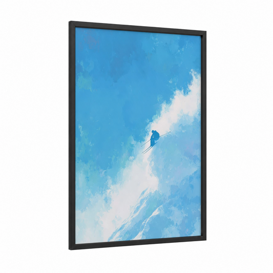Alpine Skier framed skiing print — black wood frame — blue and white palette