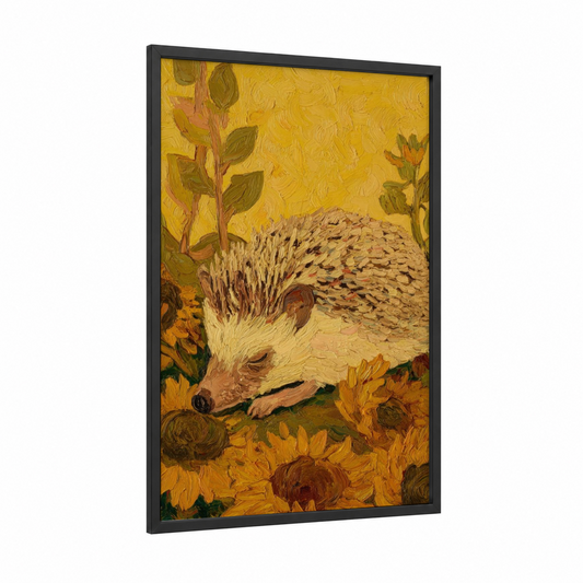 Golden Hedgehog framed art print — black wood frame — gold and orange palette