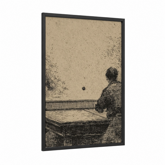 Solitary Player framed table tennis print — black wood frame — black and white and beige palette