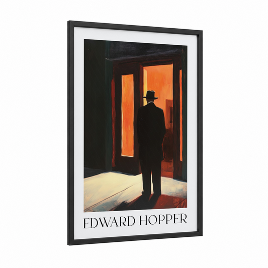 Glowing Doorway framed art print — black wood frame — black and orange palette