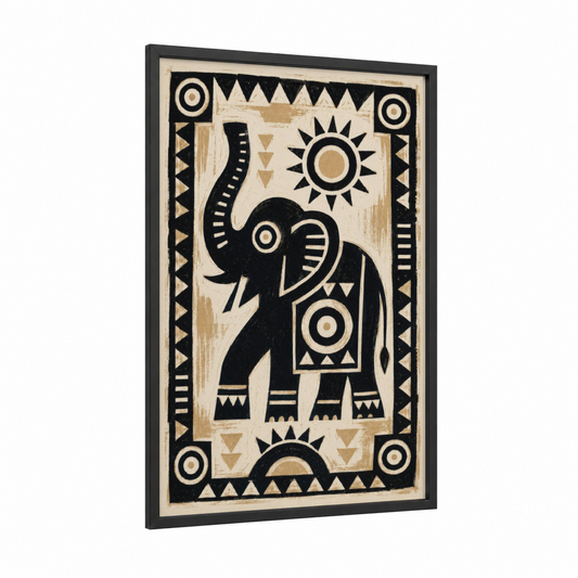 Geometric Elephant Sun Motif Wall Art framed art print — black wood frame — black and white and beige palette
