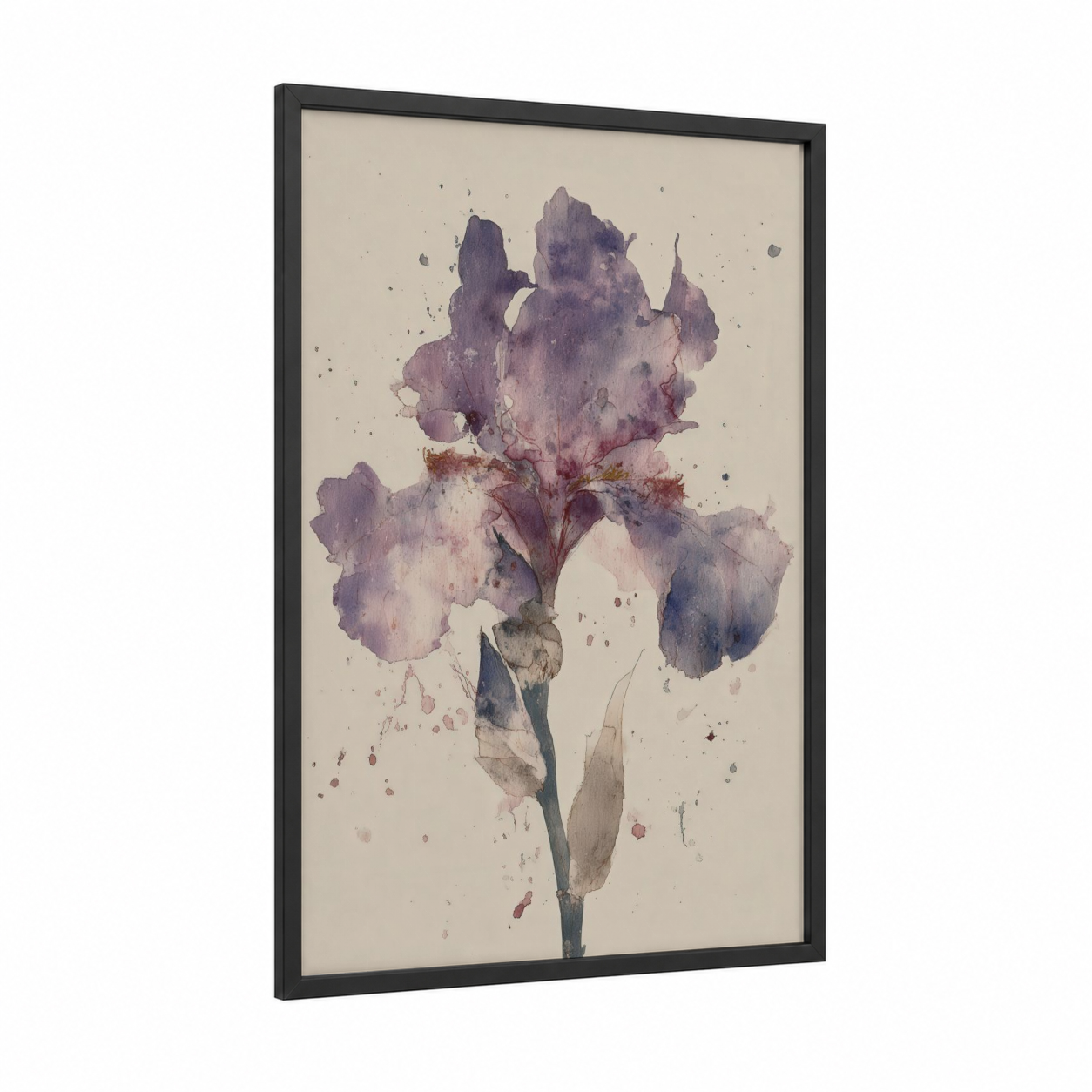 Purple Iris Bloom framed art print — black wood frame — lavender and cream palette
