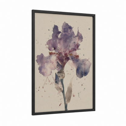 Purple Iris Bloom framed art print — black wood frame — lavender and cream palette