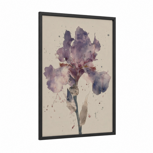Purple Iris Bloom framed art print — black wood frame — lavender and cream palette