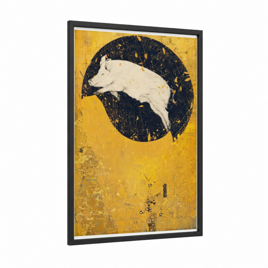 Golden Pig Moon framed art print — black wood frame — yellow gold and black and gold palette