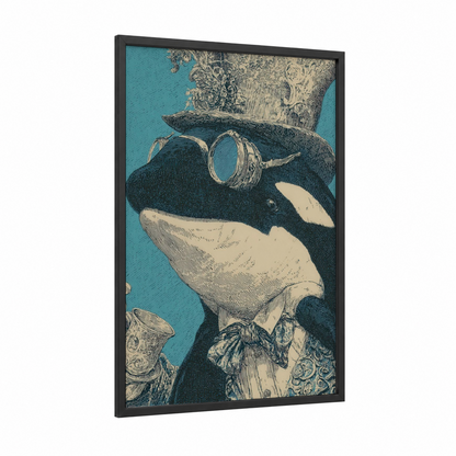 Steampunk Orca framed orca whale print — black wood frame — teal and black and white palette