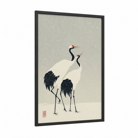 Snowy Crane Pair framed animals in love print — black wood frame — cream and black and white palette