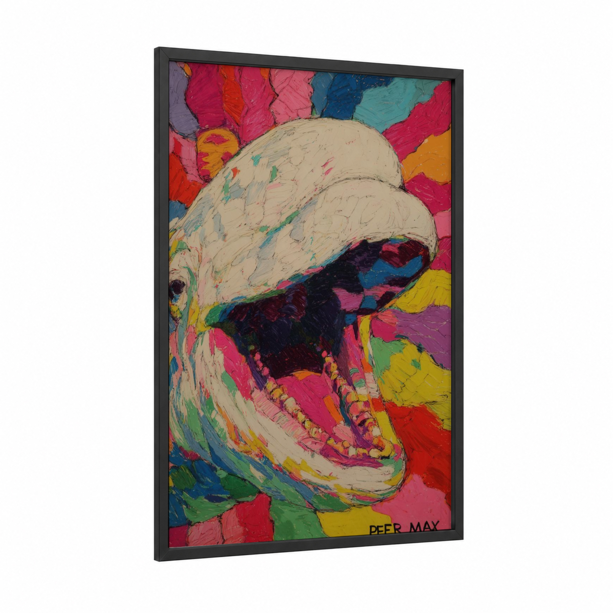 Colorful Beluga framed beluga whale print — black wood frame — magenta and blue palette