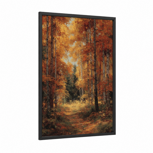 Golden Maple Forest framed art print — black wood frame — gold and russet palette