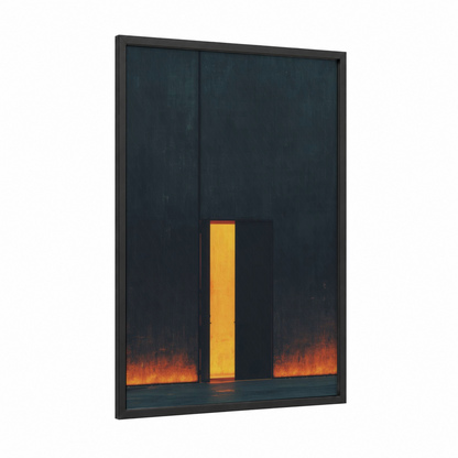 Glowing Gateway framed art print — black wood frame — black and gold palette