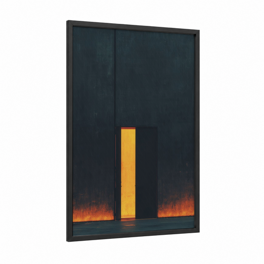Glowing Gateway framed art print — black wood frame — black and gold palette
