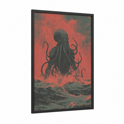 Crimson Cthulhu framed art print — black wood frame — red and black palette