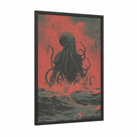 Crimson Cthulhu framed art print — black wood frame — red and black palette