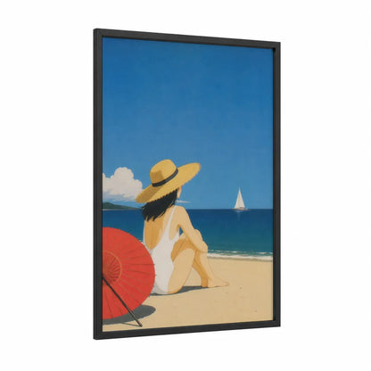 Coastal Beach Woman in Straw Hat Wall Art framed sandy beach print — black wood frame — blue and beige palette