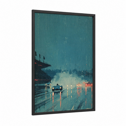 Neon Rain Racer framed auto racing print — black wood frame — teal and gold palette