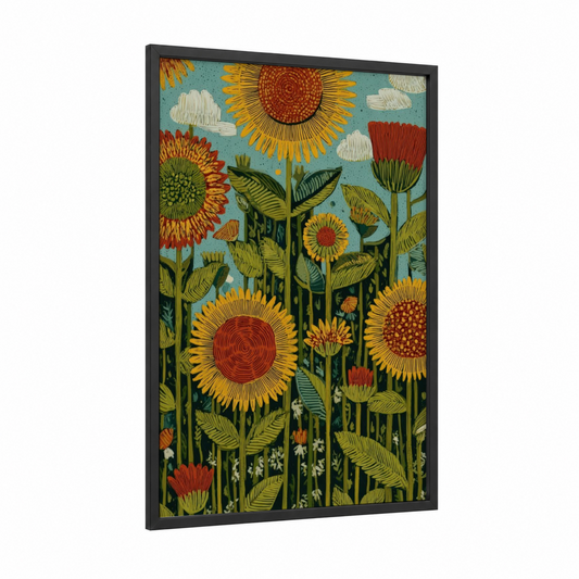 Golden Sunflower Field framed art print — black wood frame — gold and teal palette