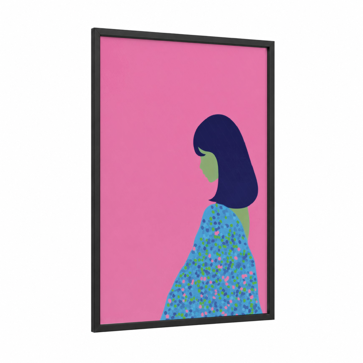 Modern Fashion Silhouette framed fashion illustration print — black wood frame — pink and blue palette