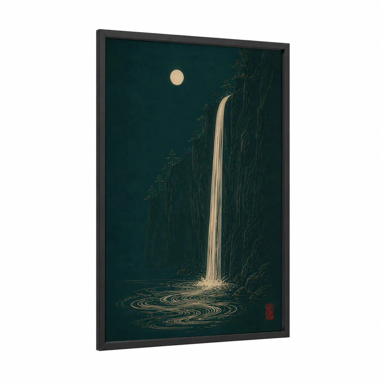 Japanese Waterfall Night Scene Wall Art framed art print — black wood frame — teal and gold palette