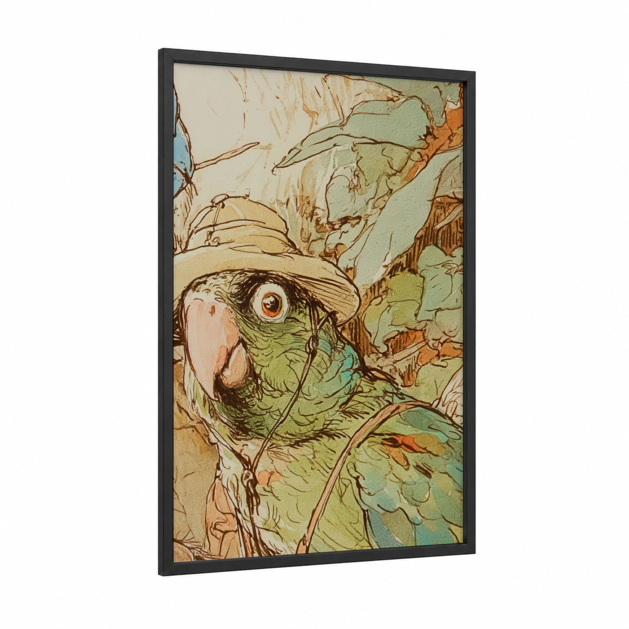 Tropical Parrot Portrait framed safari parrots print — black wood frame — true green and russet palette