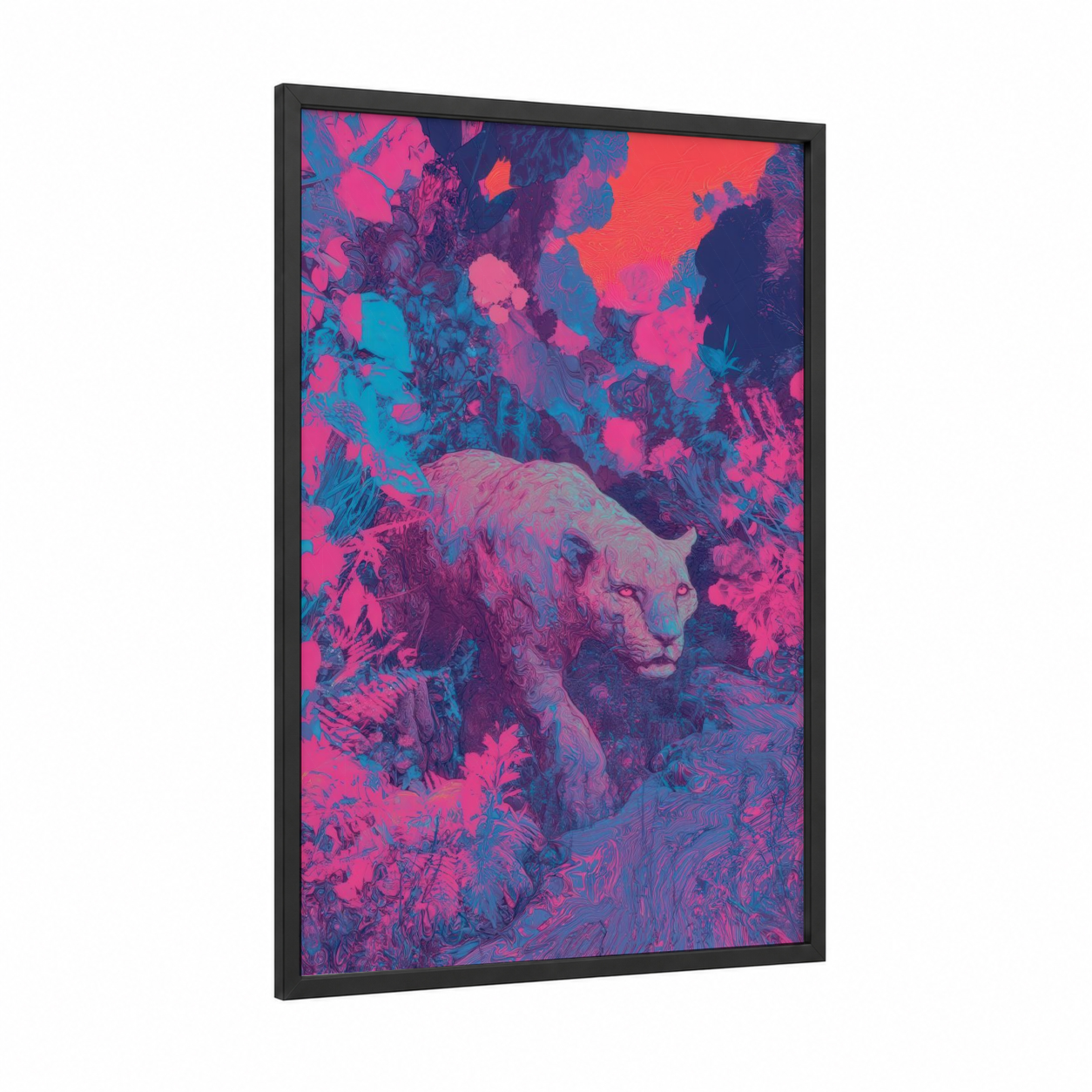 Neon Jaguar framed art print — black wood frame — magenta and blue palette