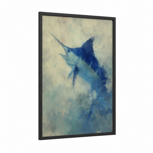 Azure Marlin framed blue marlin print — black wood frame — blue and cream palette