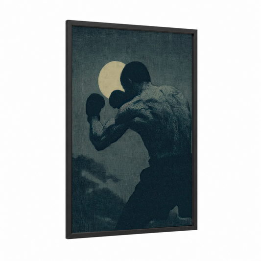 Moonlit Boxer framed kick boxing print — black wood frame — black and gray and white palette