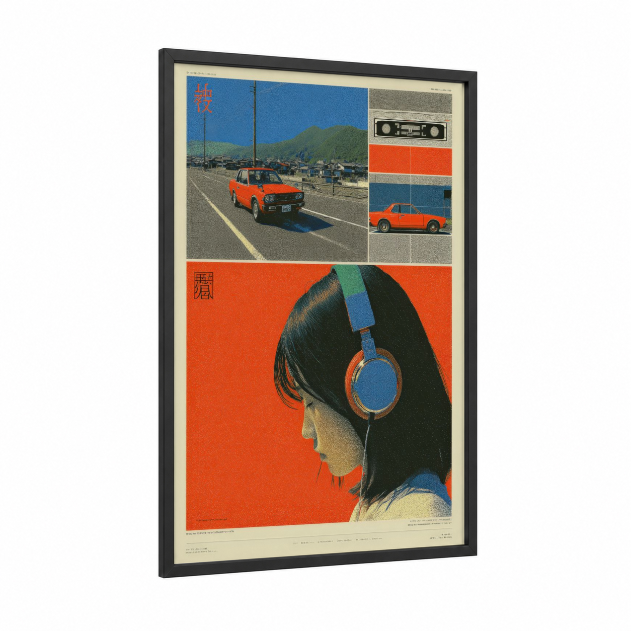 Retro Orange Girl framed japanese y2k print — black wood frame — orange and blue palette