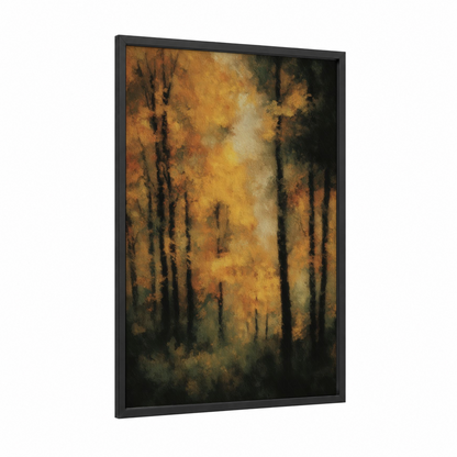 Golden Maple Forest framed art print — black wood frame — gold and brown palette