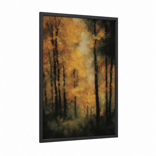 Golden Maple Forest framed art print — black wood frame — gold and brown palette