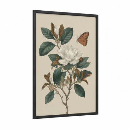 White Magnolia Botanical framed art print — black wood frame — cream and sage green palette