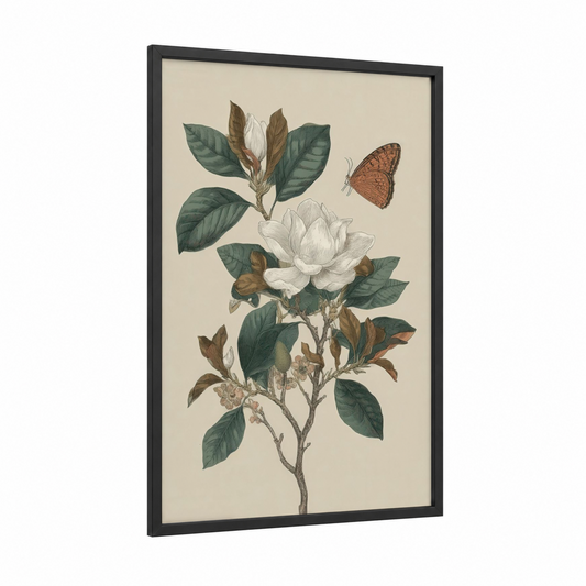 White Magnolia Botanical framed art print — black wood frame — cream and sage green palette