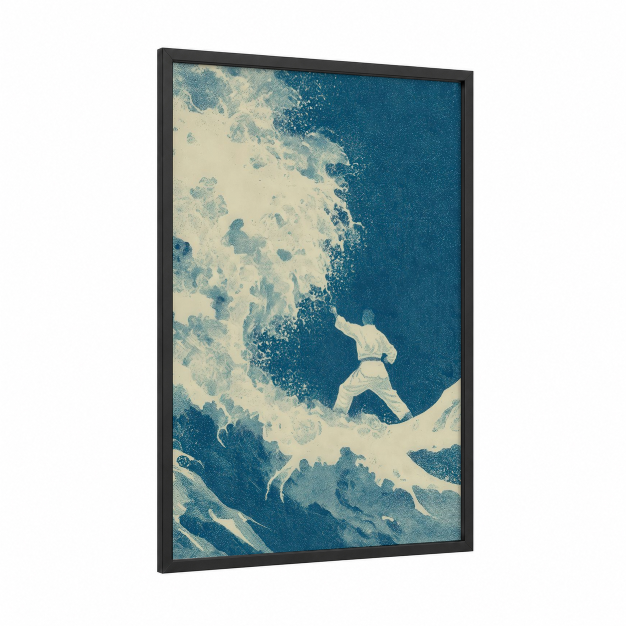 Wave Warrior framed karate print — black wood frame — blue and white and teal palette