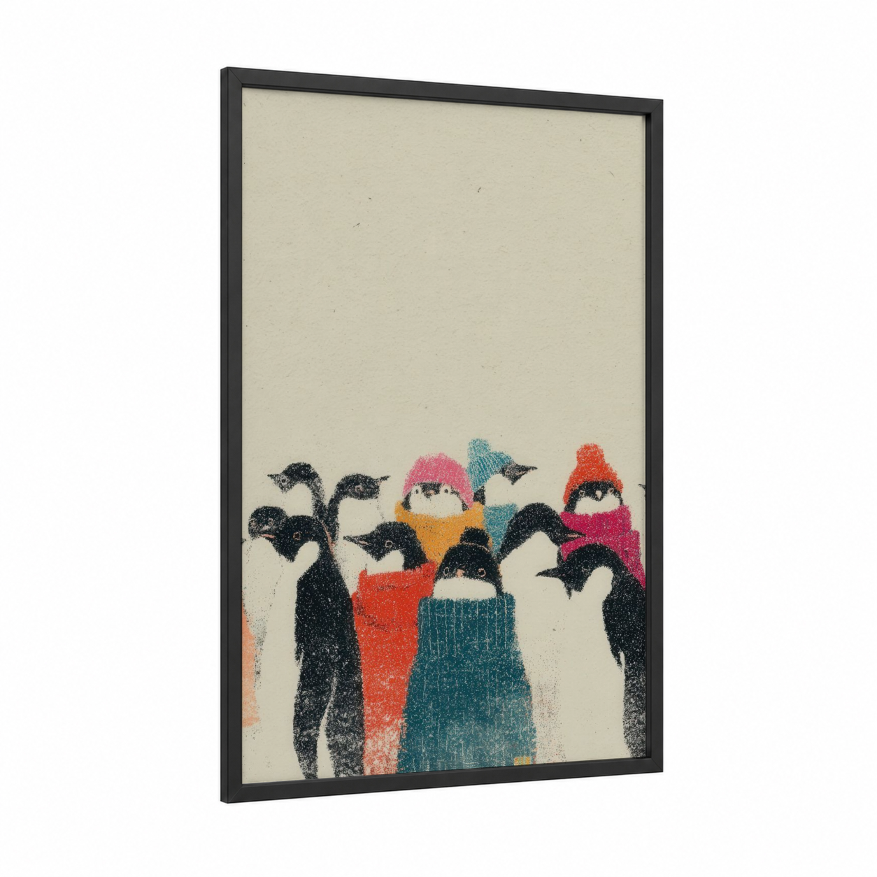 Colorful Penguin Crowd framed art print — black wood frame — cream and black and white palette