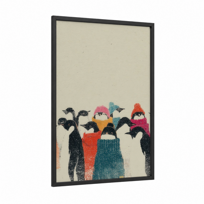 Colorful Penguin Crowd framed art print — black wood frame — cream and black and white palette