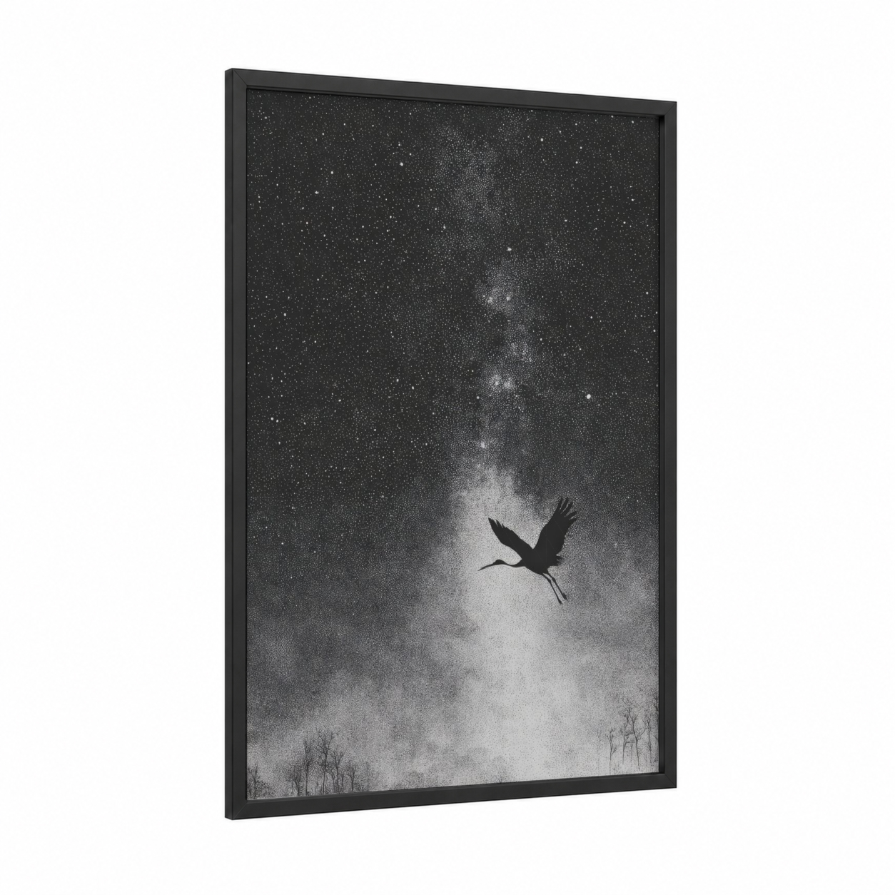 Cosmic Heron framed milky way print — black wood frame — black and white palette
