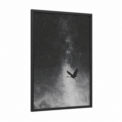 Cosmic Heron framed milky way print — black wood frame — black and white palette